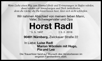 Traueranzeige von Horst Radl von Gesamtausgabe Nürnberger Nachrichten/ Nürnberger Ztg.