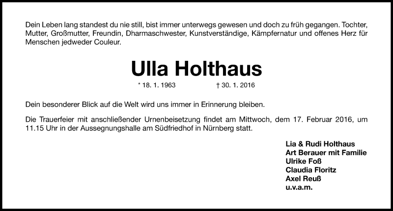  Traueranzeige für Ulla Holthaus vom 13.02.2016 aus Gesamtausgabe Nürnberger Nachrichten/ Nürnberger Ztg.