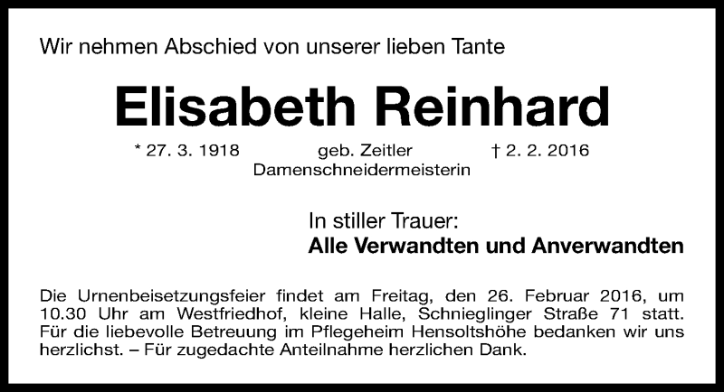  Traueranzeige für Elisabeth Reinhard vom 20.02.2016 aus Gesamtausgabe Nürnberger Nachrichten/ Nürnberger Ztg.