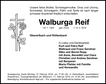 Traueranzeige von Walburga Reif von Altmühl-Bote Lokal