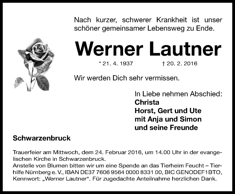  Traueranzeige für Werner Lautner vom 23.02.2016 aus Gesamtausgabe Nürnberger Nachrichten/ Nürnberger Ztg.