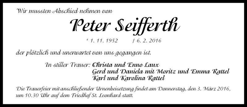  Traueranzeige für Peter Seifferth vom 01.03.2016 aus Gesamtausgabe Nürnberger Nachrichten/ Nürnberger Ztg.
