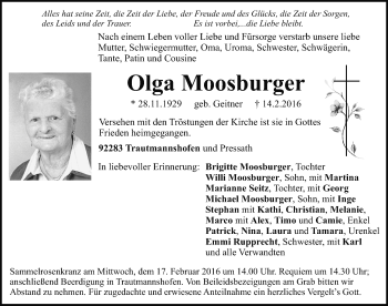 Traueranzeige von Olga Moosburger von Neumarkter Nachrichten Lokal