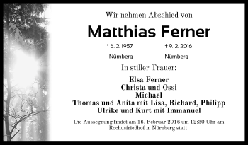 Traueranzeige von Matthias Ferner von Gesamtausgabe Nürnberger Nachrichten/ Nürnberger Ztg.