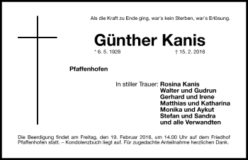 Traueranzeige von Günther Kanis von Roth-Hilpoltsteiner Volkszeitung Lokal