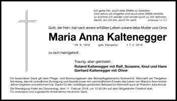 Traueranzeige von Maria Anna Kaltenegger von Gesamtausgabe Nürnberger Nachrichten/ Nürnberger Ztg.