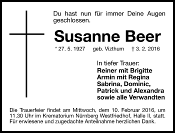 Traueranzeige von Susanne Beer von Gesamtausgabe Nürnberger Nachrichten/ Nürnberger Ztg.