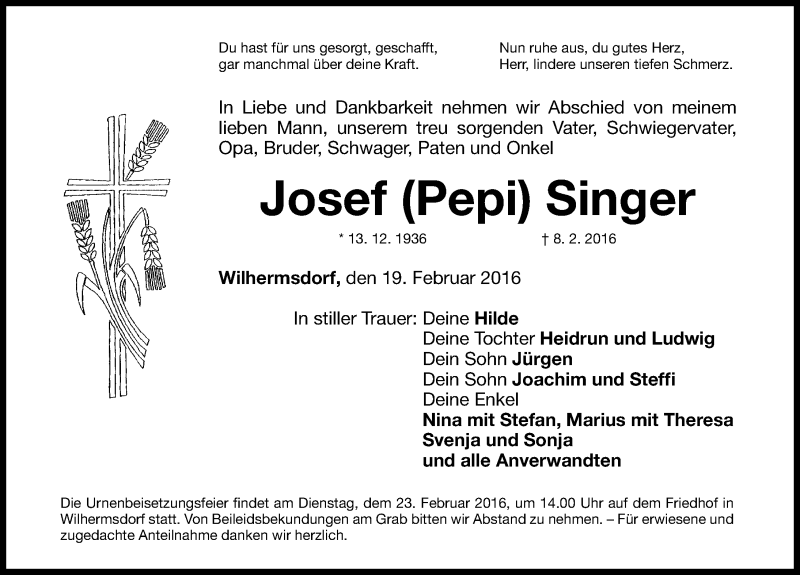  Traueranzeige für Josef Singer vom 19.02.2016 aus Fürther Nachrichten Lokal