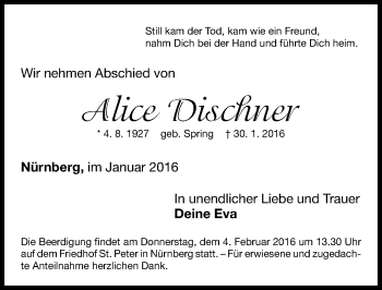 Traueranzeige von Alice Dischner von Gesamtausgabe Nürnberger Nachrichten/ Nürnberger Ztg.