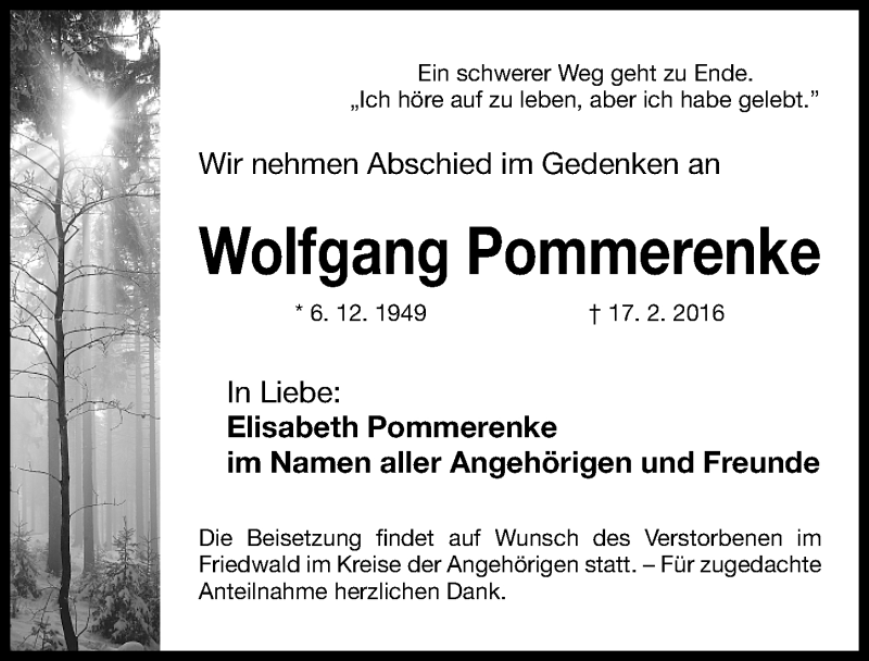  Traueranzeige für Wolfgang Pommerenke vom 20.02.2016 aus Gesamtausgabe Nürnberger Nachrichten/ Nürnberger Ztg.