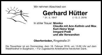 Traueranzeige von Gerhard Hütter von Gesamtausgabe Nürnberger Nachrichten/ Nürnberger Ztg.