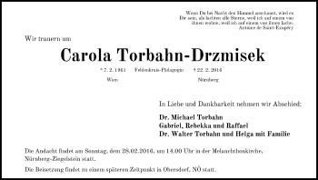 Traueranzeige von Carola Torbahn-Drzmisek von Gesamtausgabe Nürnberger Nachrichten/ Nürnberger Ztg.