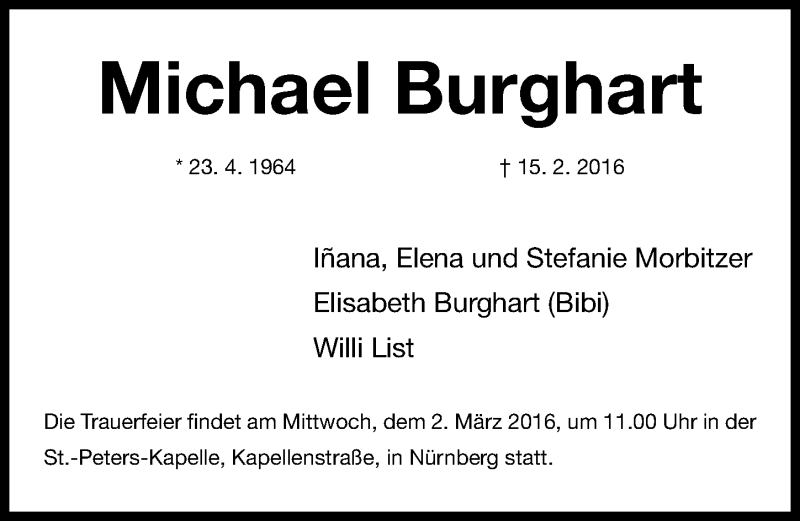  Traueranzeige für Michael Burghart vom 27.02.2016 aus Gesamtausgabe Nürnberger Nachrichten/ Nürnberger Ztg.