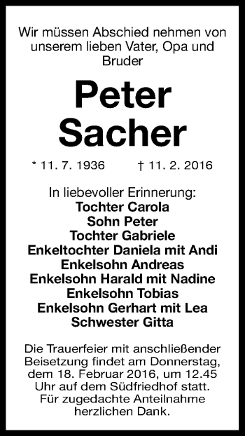 Traueranzeige von Peter Sacher von Gesamtausgabe Nürnberger Nachrichten/ Nürnberger Ztg.