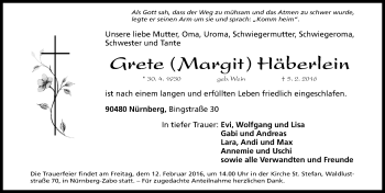 Traueranzeige von Grete Häberlein von Gesamtausgabe Nürnberger Nachrichten/ Nürnberger Ztg.