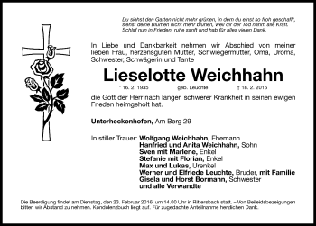 Traueranzeige von Lieselotte Weichhahn von Roth-Hilpoltsteiner Volkszeitung Lokal
