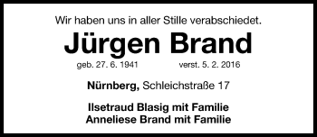 Traueranzeige von Jürgen Brand von Gesamtausgabe Nürnberger Nachrichten/ Nürnberger Ztg.