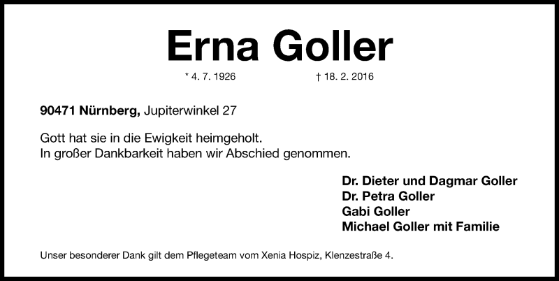  Traueranzeige für Erna Goller vom 27.02.2016 aus Gesamtausgabe Nürnberger Nachrichten/ Nürnberger Ztg.