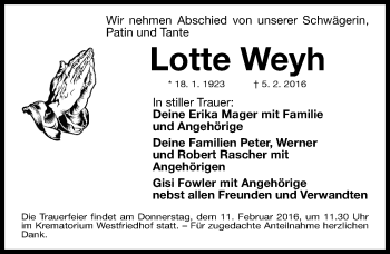 Traueranzeige von Lotte Weyh von Gesamtausgabe Nürnberger Nachrichten/ Nürnberger Ztg.