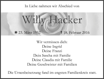 Traueranzeige von Willy Hacker von Fürther Nachrichten Lokal