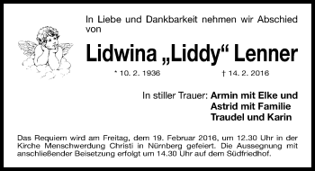 Traueranzeige von Lidwina  Lenner von Gesamtausgabe Nürnberger Nachrichten/ Nürnberger Ztg.