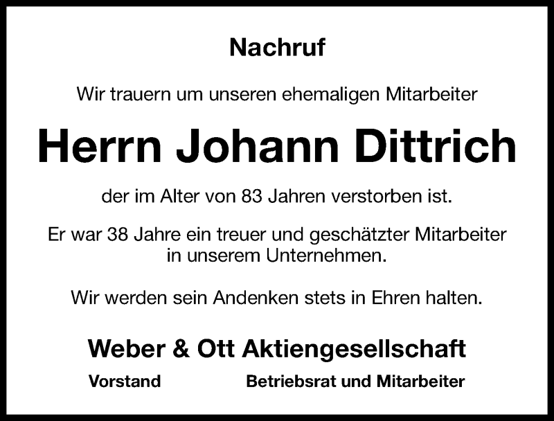  Traueranzeige für Johann Dittrich vom 16.02.2016 aus Nordbayerische Nachrichten Forchheim Lokal