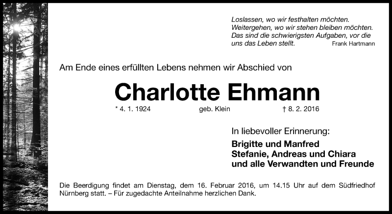  Traueranzeige für Charlotte Ehmann vom 13.02.2016 aus Gesamtausgabe Nürnberger Nachrichten/ Nürnberger Ztg.