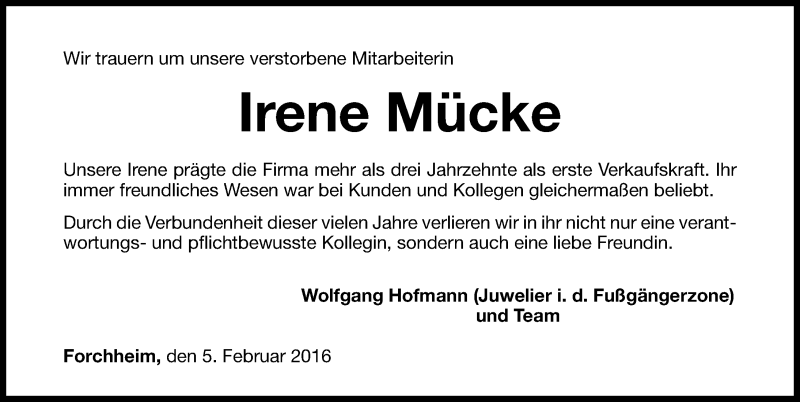  Traueranzeige für Irene Mücke vom 05.02.2016 aus Nordbayerische Nachrichten Forchheim Lokal