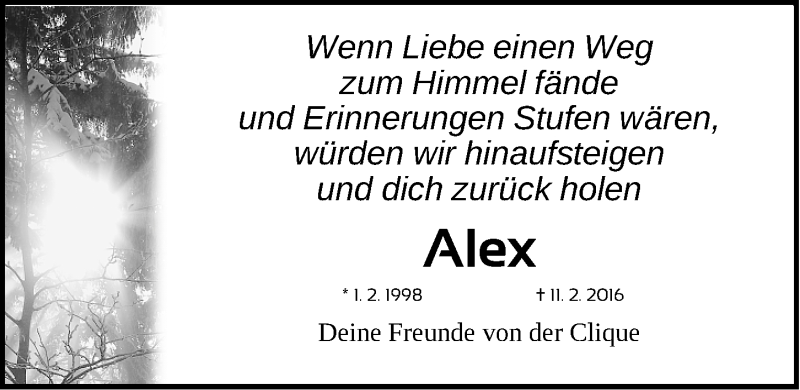  Traueranzeige für Alex  vom 15.02.2016 aus Erlanger Nachrichten Lokal