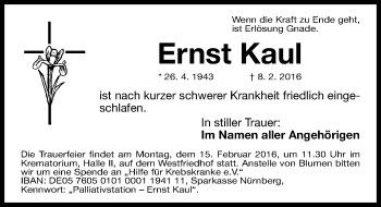Traueranzeige von Ernst Kaul von Gesamtausgabe Nürnberger Nachrichten/ Nürnberger Ztg.