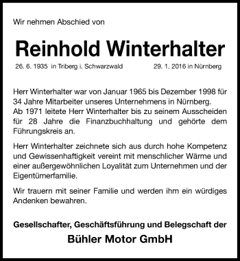 Traueranzeige von Reinhold Winterhalter von Gesamtausgabe Nürnberger Nachrichten/ Nürnberger Ztg.