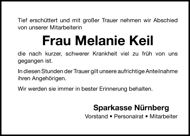  Traueranzeige für Melanie Keil vom 20.02.2016 aus Gesamtausgabe Nürnberger Nachrichten/ Nürnberger Ztg.