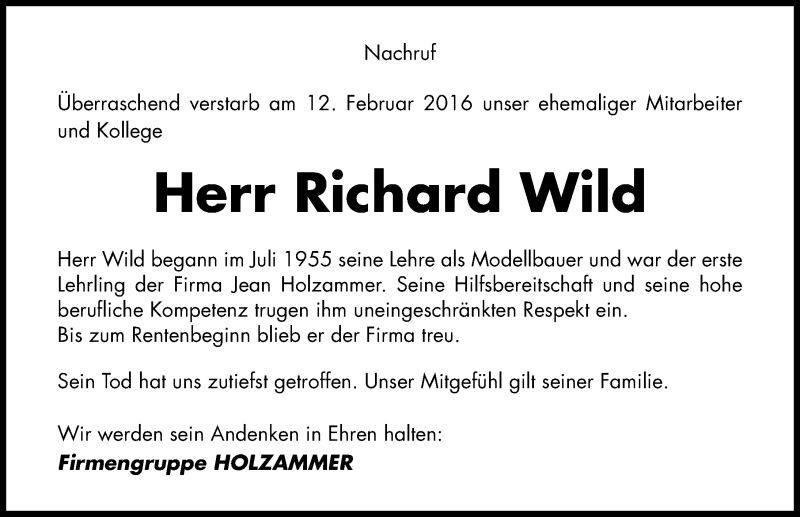 Traueranzeige für Richard Wild vom 17.02.2016 aus Neumarkter Nachrichten Lokal