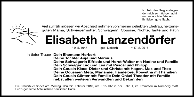  Traueranzeige für Elisabeth Lanzendörfer vom 20.02.2016 aus Gesamtausgabe Nürnberger Nachrichten/ Nürnberger Ztg.