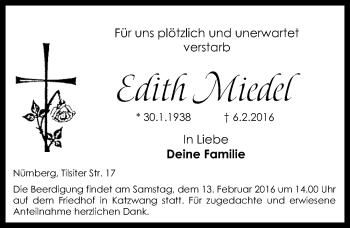 Traueranzeige von Edith Miedel von Gesamtausgabe Nürnberger Nachrichten/ Nürnberger Ztg.