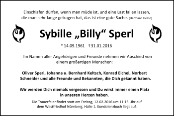 Traueranzeige von Sybille Sperl von Gesamtausgabe Nürnberger Nachrichten/ Nürnberger Ztg.