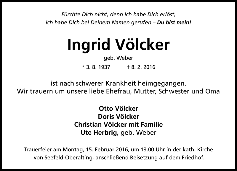  Traueranzeige für Ingrid Völcker vom 12.02.2016 aus Erlanger Nachrichten Lokal
