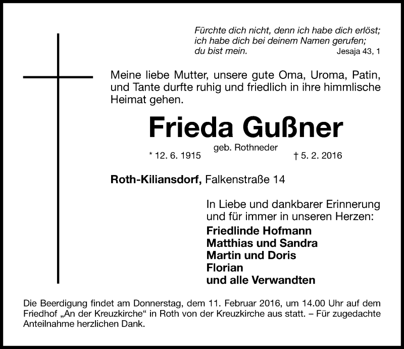  Traueranzeige für Frieda Gußner vom 09.02.2016 aus Roth-Hilpoltsteiner Volkszeitung Lokal