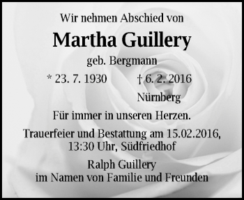 Traueranzeige von Martha Guillery von Gesamtausgabe Nürnberger Nachrichten/ Nürnberger Ztg.