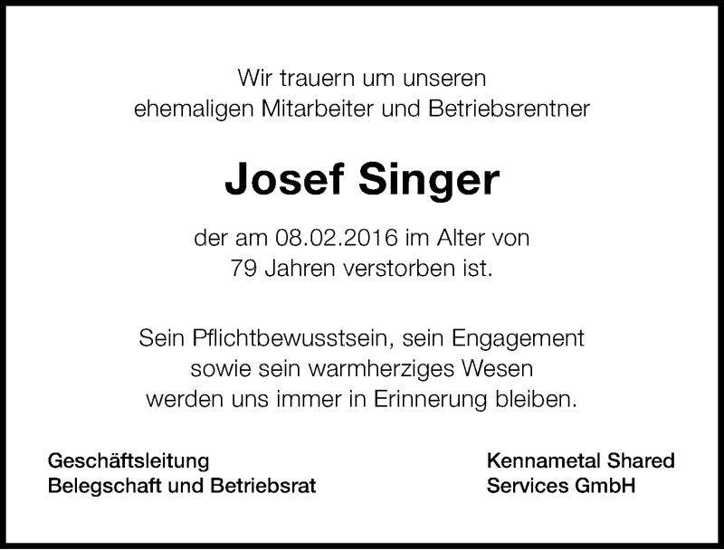  Traueranzeige für Josef Singer vom 25.02.2016 aus Fürther Nachrichten Lokal
