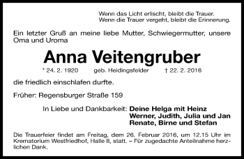 Traueranzeige von Anna Veitengruber von Gesamtausgabe Nürnberger Nachrichten/ Nürnberger Ztg.