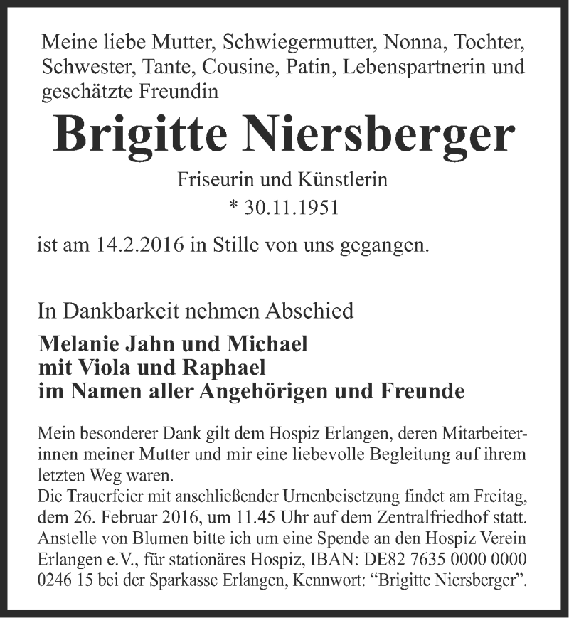  Traueranzeige für Brigitte Niersberger vom 20.02.2016 aus Erlanger Nachrichten Lokal