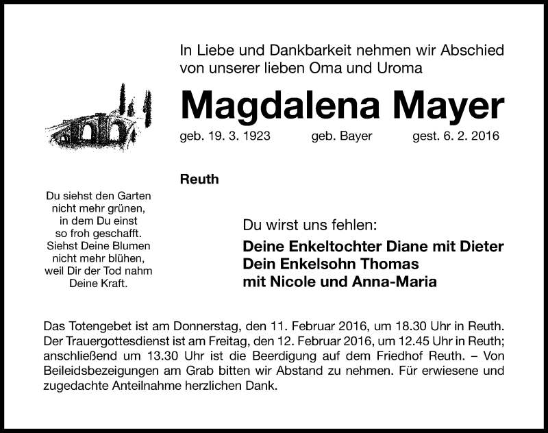  Traueranzeige für Magdalena Mayer vom 09.02.2016 aus Nordbayerische Nachrichten Forchheim Lokal