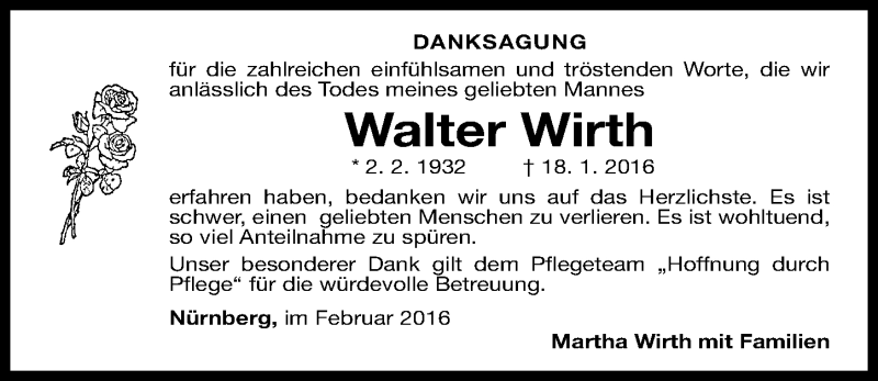  Traueranzeige für Walter Wirth vom 06.02.2016 aus Gesamtausgabe Nürnberger Nachrichten/ Nürnberger Ztg.