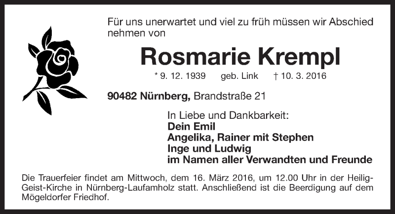  Traueranzeige für Rosmarie Krempl vom 15.03.2016 aus Gesamtausgabe Nürnberger Nachrichten/ Nürnberger Ztg.