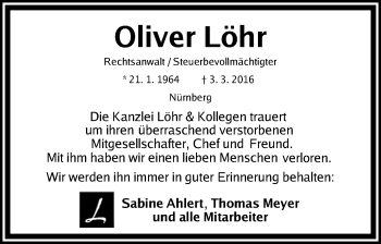 Traueranzeige von Oliver Löhr von Gesamtausgabe Nürnberger Nachrichten/ Nürnberger Ztg.