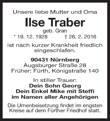 Traueranzeige von Ilse Traber von Gesamtausgabe Nürnberger Nachrichten/ Nürnberger Ztg./ Fürther Nachrichten