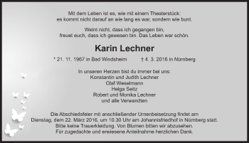 Traueranzeige von Karin Lechner von Gesamtausgabe Nürnberger Nachrichten/ Nürnberger Ztg.