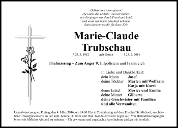 Traueranzeige von Marie-Claude Trubschau von Roth-Hilpoltsteiner Volkszeitung Lokal