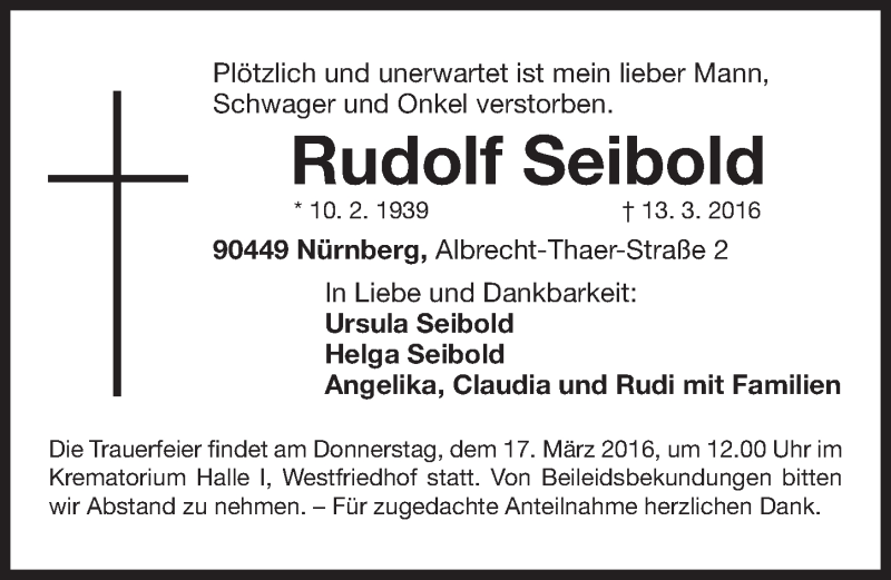  Traueranzeige für Rudolf Seibold vom 15.03.2016 aus Gesamtausgabe Nürnberger Nachrichten/ Nürnberger Ztg.